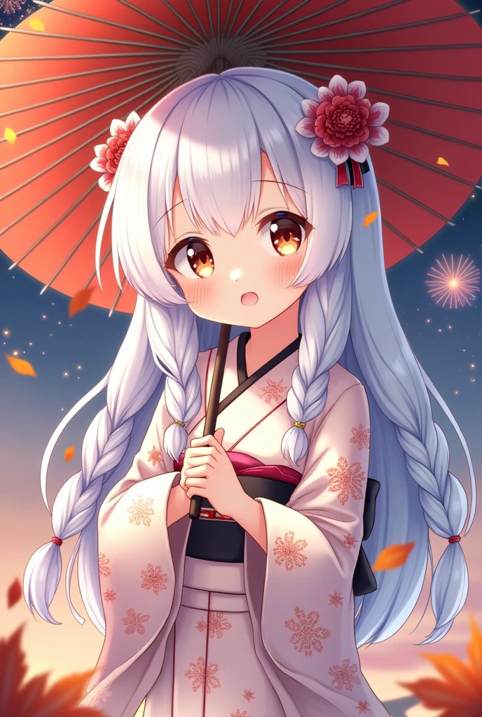 Anime illustration icon, cute white hair, older sister, red heart sticker on right cheek,, kimono, Japanese umbrella background, autumn leaves, lots of fireworks, night braids long hair