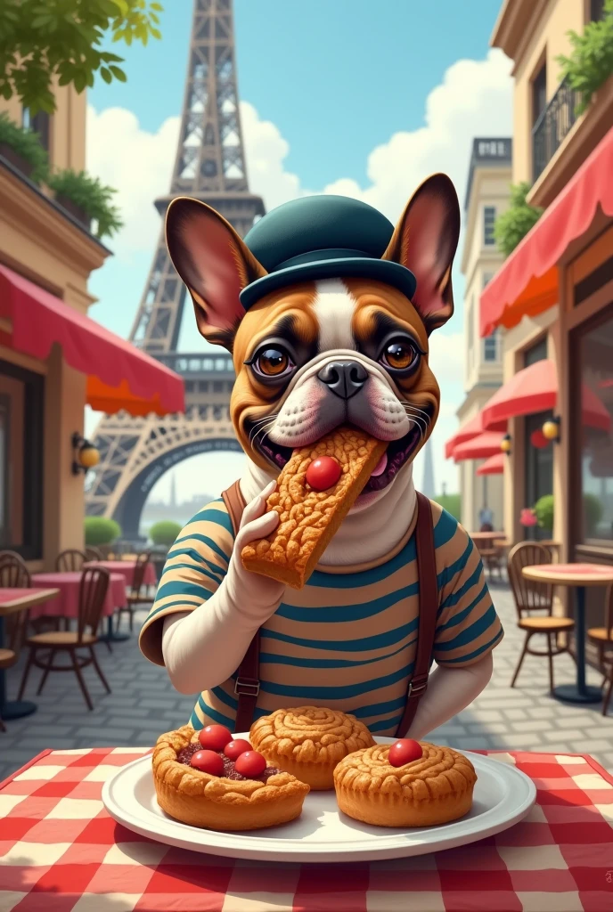 Create a dog who have French stereotypical characteristics and is taking Italian treats