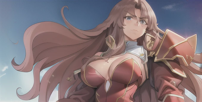 masterpiece,best quality,kim_kwang_hyun, 1girl, solo, long hair, breasts, looking at viewer, blue eyes, dark Brown hair, large breasts, long sleeves, dress, cleavage, closed mouth, weapon, puffy sleeves, arm up, clothing cutout, copyright name, red dress, cleavage cutout, juliet sleeves , power armor, shoulder armor, Long curly hair, yellow eyes, Cross your arms in front of your chest, crossed arms,
