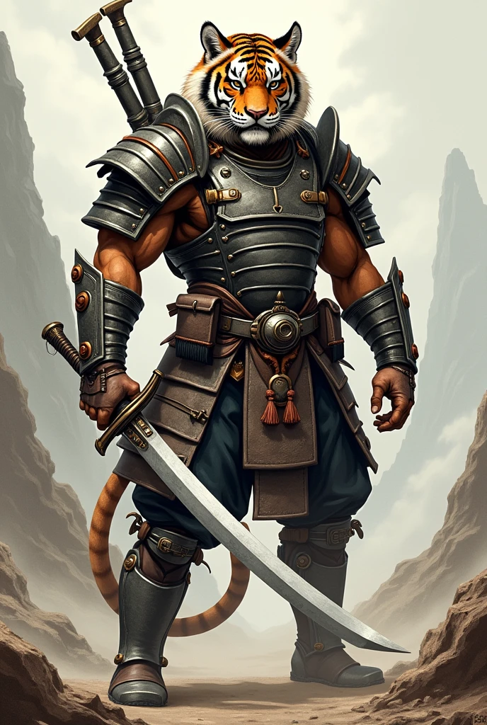 A drawing of a humanoid tiger with an outfit mixing samurai armor on the upper part of the body holding a sword in the right hand and a revolver in the left with a convoy outfit from the waist down.