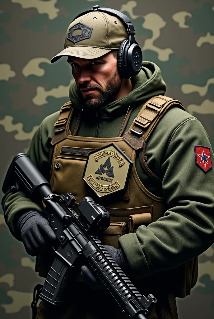 Create Cliché, Rubber patch, hexagonal coat of arms shield with the name Lukinha Airsoft and operator therefore an m4 rifle with a cap and headset with a camouflage background