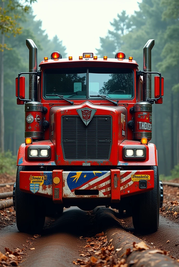 Logging truck concept Optimus prime truck. Lot of sticker. Malaysia flag on truck