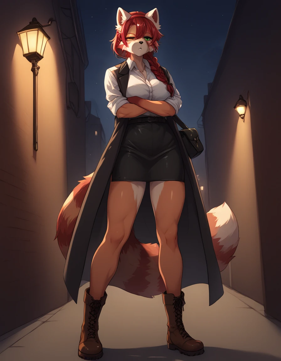 Solo, Score_9, score_8_up, score_7_up, kemono style, Kimiko, An Anthro furry red panda girl, red furry body, red panda tail, , black nose, red hair, braided hair, majestic, long legs, athletic arms and legs, green emerald eyes, toned legs, toned thighs, low angle shot, long tan duster, dress shirt, ripped shirt, leather boots with armor, armored gauntlets short, rolled up sleeves, loose tie around neck, tired expression, adventurer pants with pouch, brown boots, dark alley in city, wearing a long  tan investigator coat,  red hairband, earrings, holding a coffee,  night time, lamp post light, long coat, majestic, detailed clothes, wearing coat over dress shirt, leather satchel, windy night, shadowy figures in back, sipping coffee, arms folded under breasts