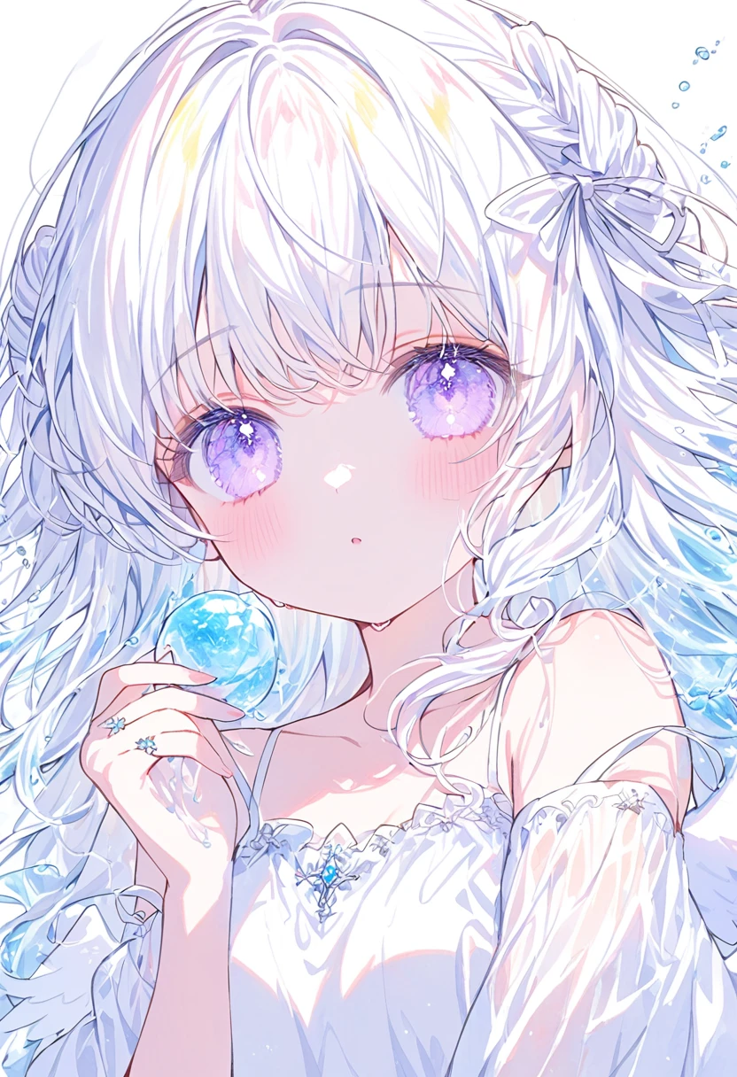 (water color:1.2)Soft lines, 1girl,solo, White Angel, White ribbon, pastel White angel ring, white one-piece,white and angel wings, cute white background ,White long Curl hair,glitter White eyes