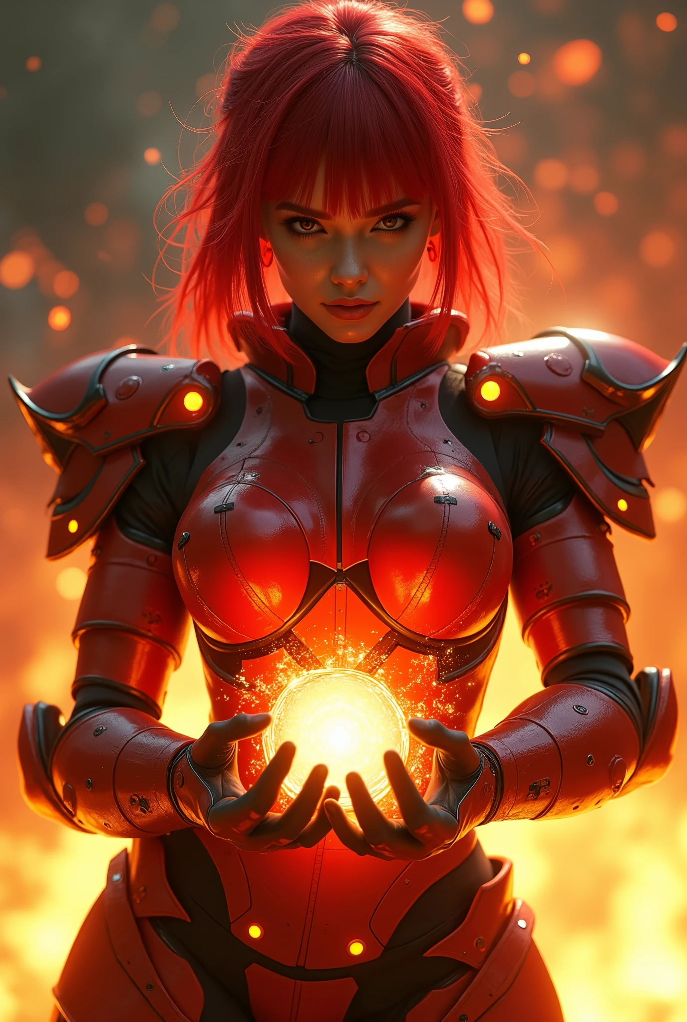 In this Armored Core-inspired masterpiece, a stunning woman dons ninja robot armor, her bright red hair styled with a hint of randomness amidst the fiery chaos. Her red and orange body glows like embers as she prepares for battle in a cowboy shot. Flames and ash engulf the background, with burning intensity rating 2.0. The woman's face, detailed to a high standard (1.3), is set with determination. Her hands, intricately rendered at level 1.8, cradle a ball of fiery energy as electronic armor parts glow. Flashy special move effects radiate with an equally impressive 2.0 intensity.