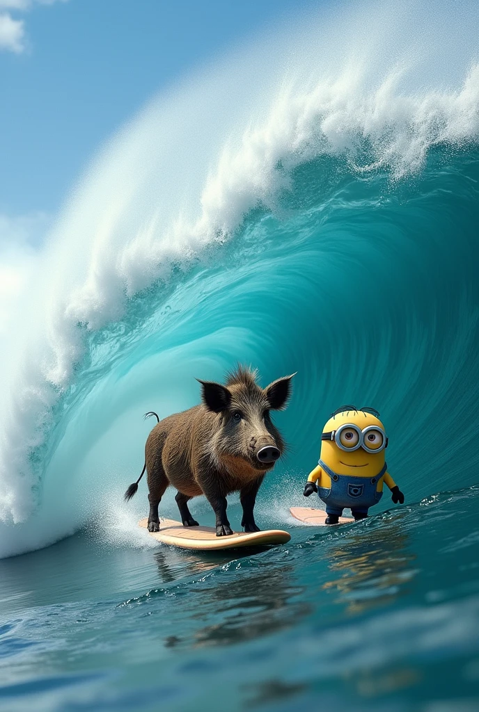 Une vague enorme ou surf un sanglier avec une vrai planche de surf  et un minion qui surf sur la meme vague a côté avec une vrai planche de surf différente de celle du sangliers ( il ont tous les deux leur planche personnel) le minion porte une combinaison de surf adaptés oû l'on voit distinctement marqué sur le torse de sa combinaison  : O'NEILL