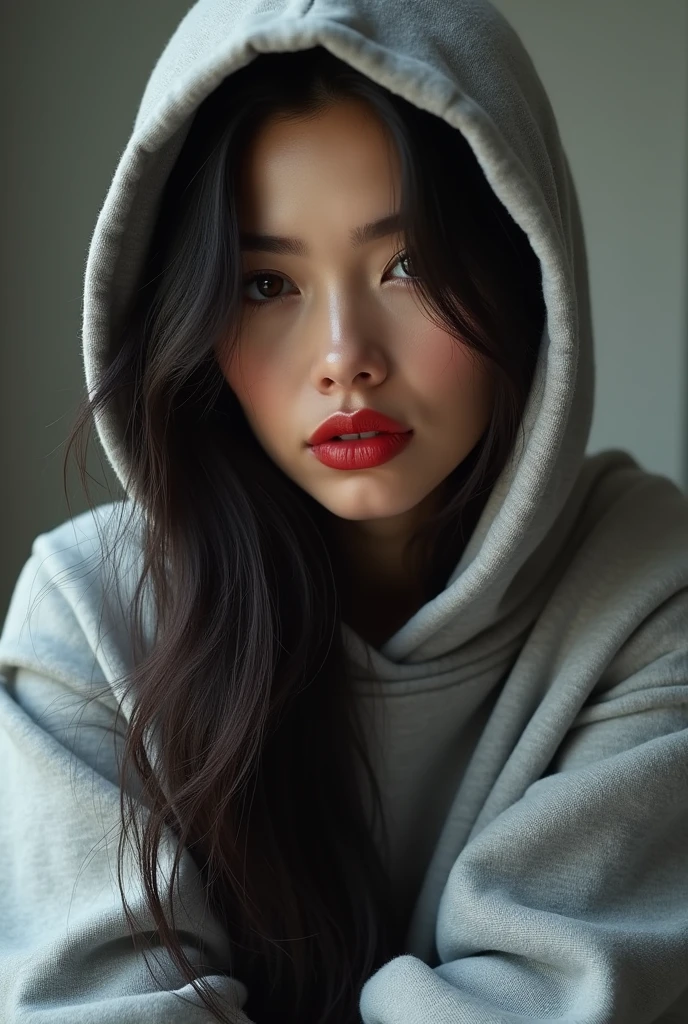 Madison beer, over-sized gray hoodie, hair down, red glossy lips