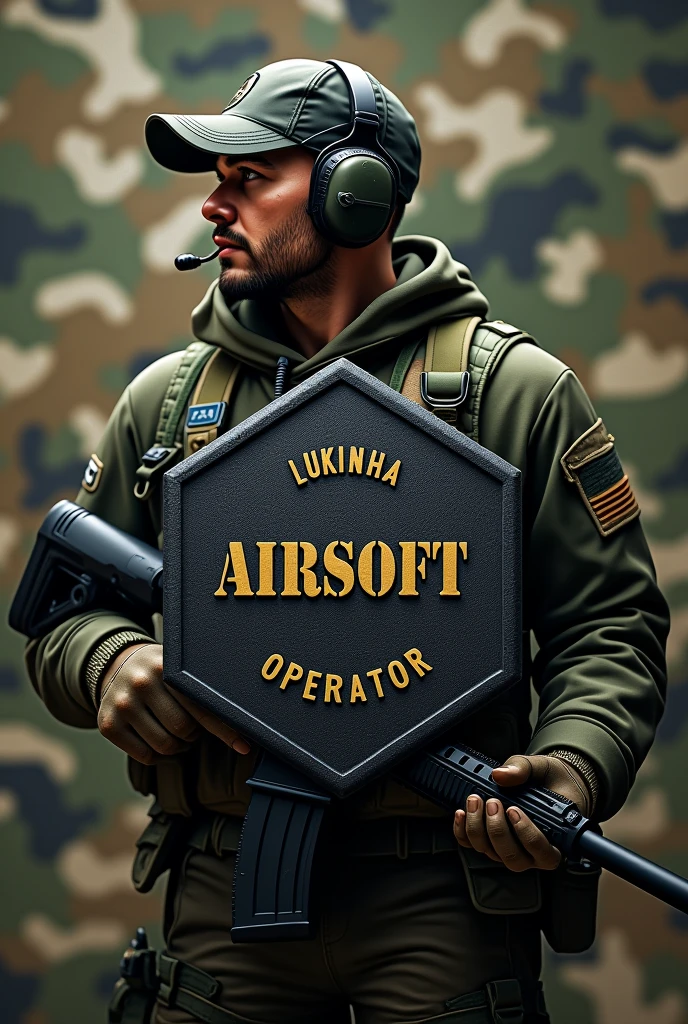 Create Cliché, Rubber patch, hexagonal coat of arms shield with the name Lukinha Airsoft and operator therefore an m4 rifle with a cap and headset with a camouflage background