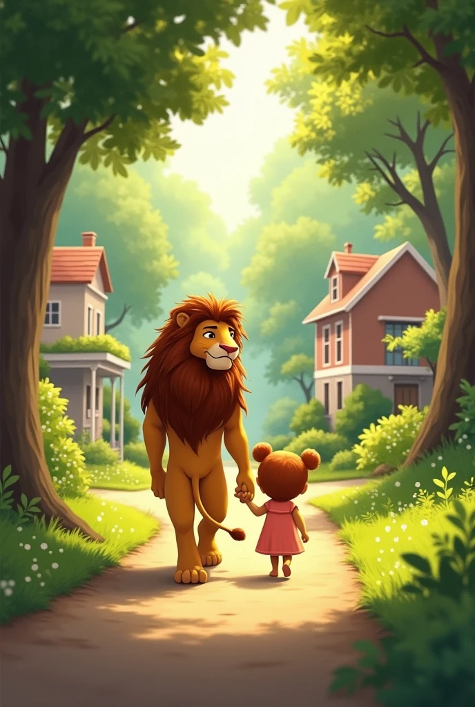 **Returning Home:**
- *"A serene, safe forest path leading back to a peaceful suburban neighborhood. The anthropomorphic lion and his daughter walk hand-in-hand, with a sense of calm and contentment, as they return to their cozy home."*
