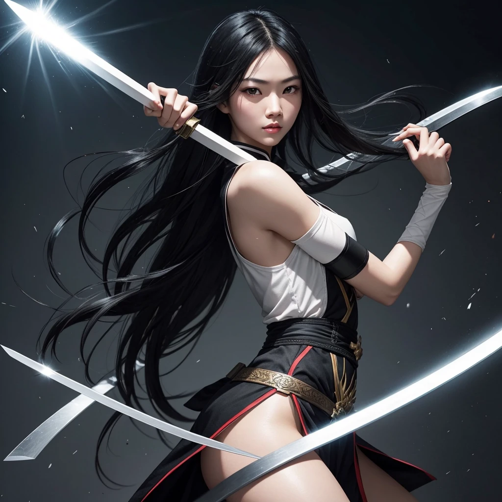 Generate an image that is Asian, have long black hair, that she is white, that she practices swordplay and that she has superpowers 