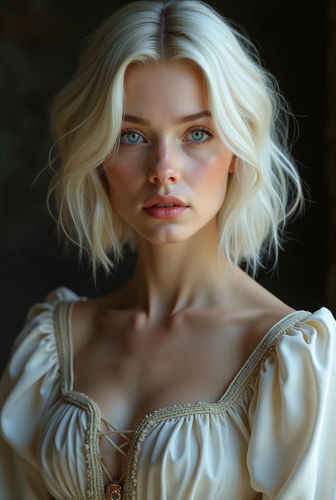 (photorealism:1.2), a beautiful woman, short platinum blonde shoulder length hair, blue eyes. Tez blanca, with a medieval dress, with a serious face