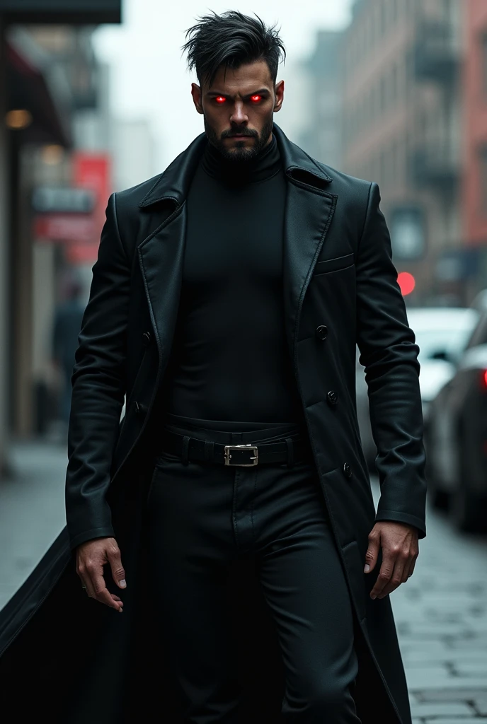 1male , trimmed hair , messy hair , goatee , black fur , Bright red eyes , Dark skin , adult male , serious expression , standing on the sidewalk , Black compression shirt , black trench coat