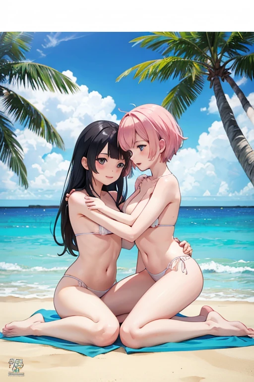 Tropical Beach, Two anime characters, Young, Both of them naked, They are playing together happily., Lesbian, A composition that includes both people&#39;s entire bodies in the image, Image drawn using colored pens and watercolors, The left side of the image、It has raccoon ears on its head and a raccoon tail on its butt.、Her hair is a blue-gray base with a raccoon pattern.、The hairstyle is short、Wearing a collar with a blue ribbon。The color of the eyes is auburn、The look on the face「Kemono Friends３」Inspired by the raccoon dog, The right side of the image、It has fox ears on its head and a fox tail on its butt.、Hair color is orange-yellow、The hairstyle is long hair、Wearing a pink ribbon collar。The eye color is hazel、The look on the face「Kemono Friends３」Inspired by the red fox, Tropical Beachリゾート, Have fun,