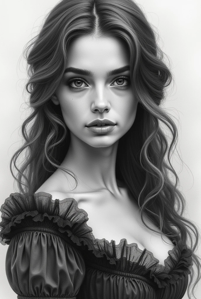 View a charcoal illustration of a young woman, with a look of classic sophistication. Her hair, long and wavy, It is represented with soft and fluid strokes, falling on your shoulders. The face, with his big, expressive eyes, shows a mix of emotion and depth, Captured through subtle shadows and delicate details. She is wearing a period dress, detailed with textures and folds that are highlighted by the contrast of the charcoal. The background is faint and diffuse, keeping the focus on the central figure and creating an aura of nostalgia and elegance, which highlights the romantic atmosphere and classic style of the portrait.