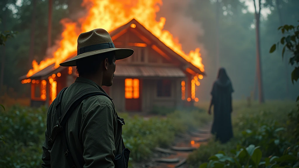 An Indonesian hunter stares at a burning wooden house with the ghost of a woman in the woods during the day. 8k