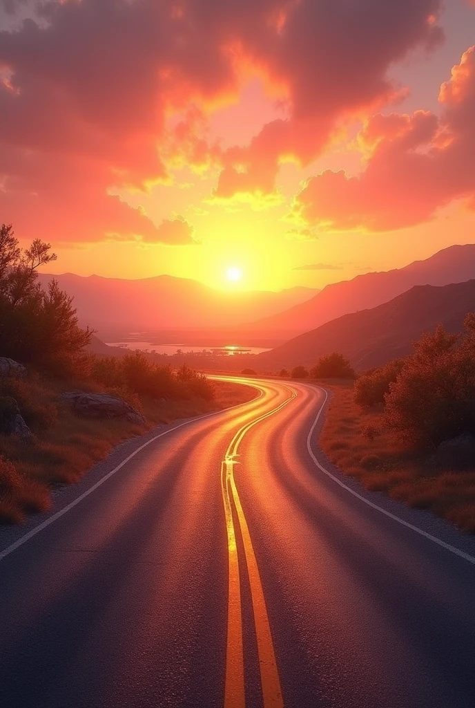 Image of an open road at sunset, with a bright sky and warm shades of orange and pink. The path must seem inviting and free, symbolizing new beginnings and opportunities. The image should convey a sense of tranquility and possibility., with a focus on the beauty of the landscape and the perspective of the road stretching towards the horizon