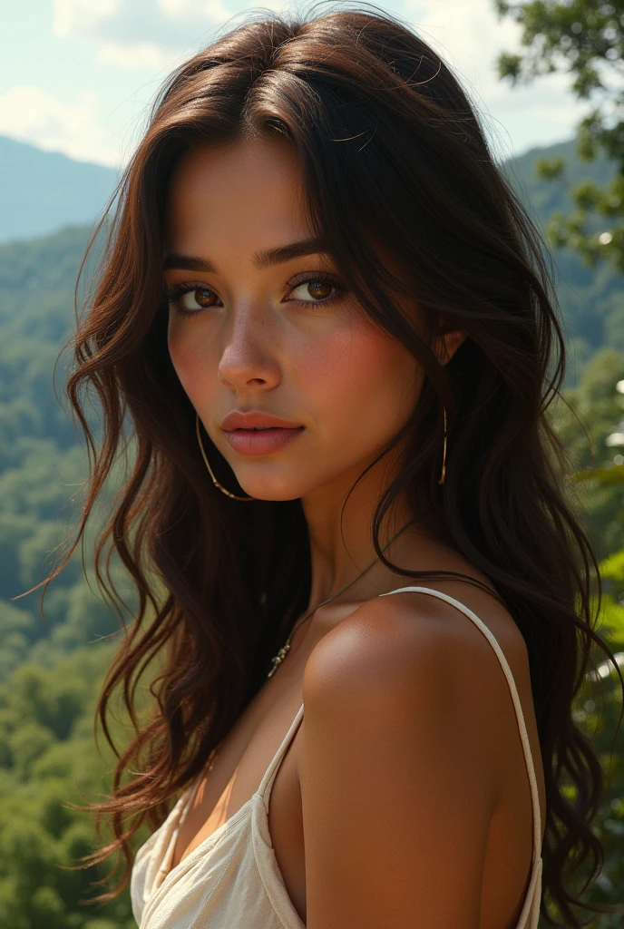 Generates brown-haired woman with dark brown eyes with pink lips and cinnamon skin ,with a landscape in the background