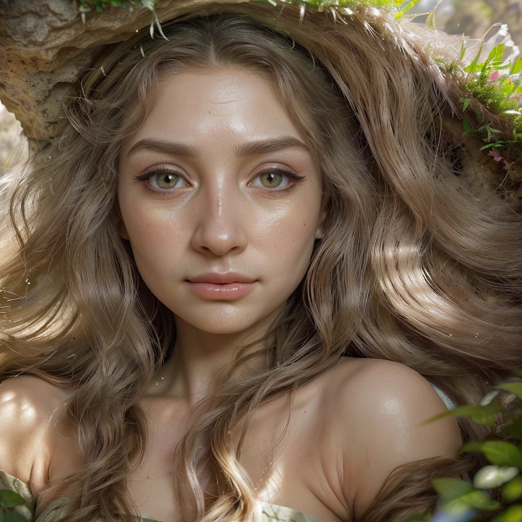 (best quality, height, Very detailed, realistic:1.37), cave girl, Beautifully detailed eyes and face, Long eyelashes, Long, flowing hair, traditional clothing, calm expression, Breathtaking landscapes, Lush greenery, Vibrant flowers, Crystal clear water, Sunlight shines, Stunning shadow, Prehistoric animals, Cave paintings, complex pattern, Fascinating textures, Ancient atmosphere