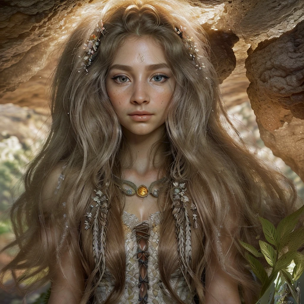 (best quality, height, Very detailed, realistic:1.37), cave girl, Beautifully detailed eyes and face, Long eyelashes, Long, flowing hair, traditional clothing, calm expression, Breathtaking landscapes, Lush greenery, Vibrant flowers, Crystal clear water, Sunlight shines, Stunning shadow, Prehistoric animals, Cave paintings, complex pattern, Fascinating textures, Ancient atmosphere