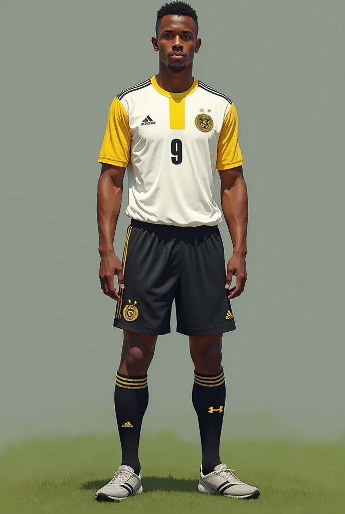 Soccer uniform, blanquita shirt with yellow details and yellow number on the center , black short with yellow details, and black socks, no sponsors