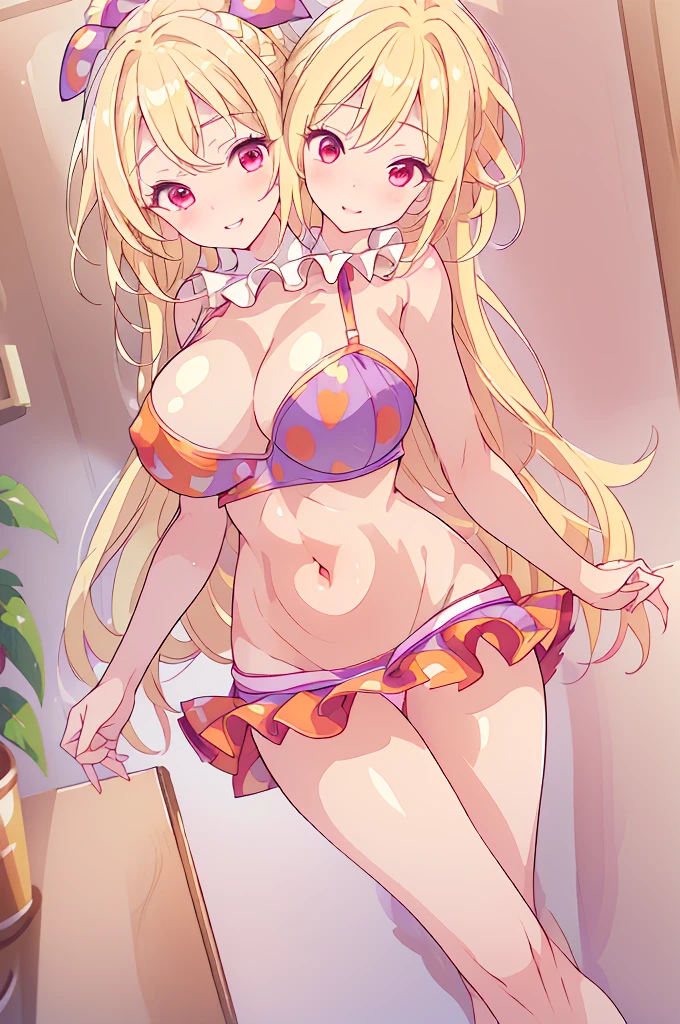 (masterpiece, best quality), best quality, (ultra-detailed), (((3heads:1.5))), 1girl, (ultra-detailed), (3heads:1.5), 1girl, (clownpiece:1.3), masterpiece, best quality, ultra quality, ultra resolution, ultra detail, red and blue top, crop top, ((stomach)), midriff, ((groin)), red and blue skirt, normal ears, shackles, blonde hair, very long hair, wavy hair, sidelocks, pink eyes, parted lips, blonde, smiling, smirking, cute smile, enthusiastic smile, cute, toned belly, hand on own chest, eyelashes, (24 year old woman:1.3), (masterpiece:1.5), (best quality:1.5), (beautiful detailed), extremely detailed CG, extremely delicate and beautiful, depth of field, (finely detailed face), (perfect details:1.2), (mature female:1.3), wide pelvis, slender, large veiny breast, 16k resolution, highres, very high quality, very high definition, extremely detailed, masterpiece, blonde hair, long hair, alluring presence, braid, short skirt, close up, very big tits, huge breasts, young, purple, polka-dotted jester's hat, fairy wings, torch, nsfw, open belly, girl with three heads, three headed girl, ((blonde)),