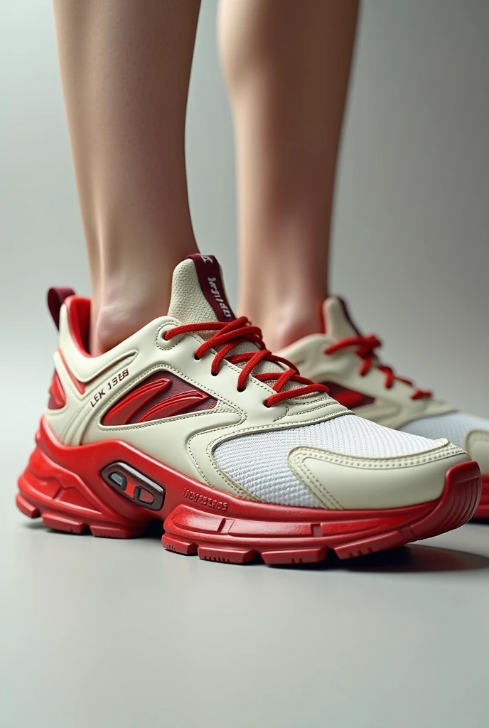 Create a modern sports shoe, tennis dont le design est inspiré par une voitures. Elements such as windows and integrated lights,the tires of a car. The colors will be bright beige and white, red to capture the spirit of a car. The sports shoe must have a dynamic and elegant look, evoking both the speed and energy of sport in the feet of a ager.