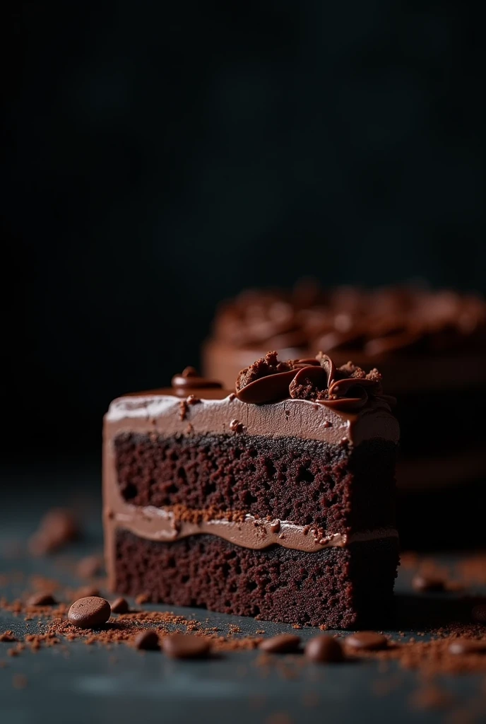 cinematic film still chocolate, chocolate cake, dark background, quality photo, moist texture, frosting, studio photo, slice . shallow depth of field, vignette, highly detailed, high budget, bokeh, cinemascope, moody, epic, gorgeous, film grain, grainy