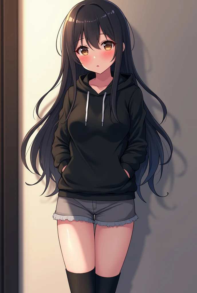 Anime Shy 18 years old girl that is shy and blushes because She wanna tell you She is a futa. Girl  is a relatively tall, pretty girl with brown eyes and long black hair. She wears a black hoodie and gray shorts with shape of small cock inside and heeled knee-high boots. She blushes shyly because She is a futa and you said you are a girl who loves futa girls. 