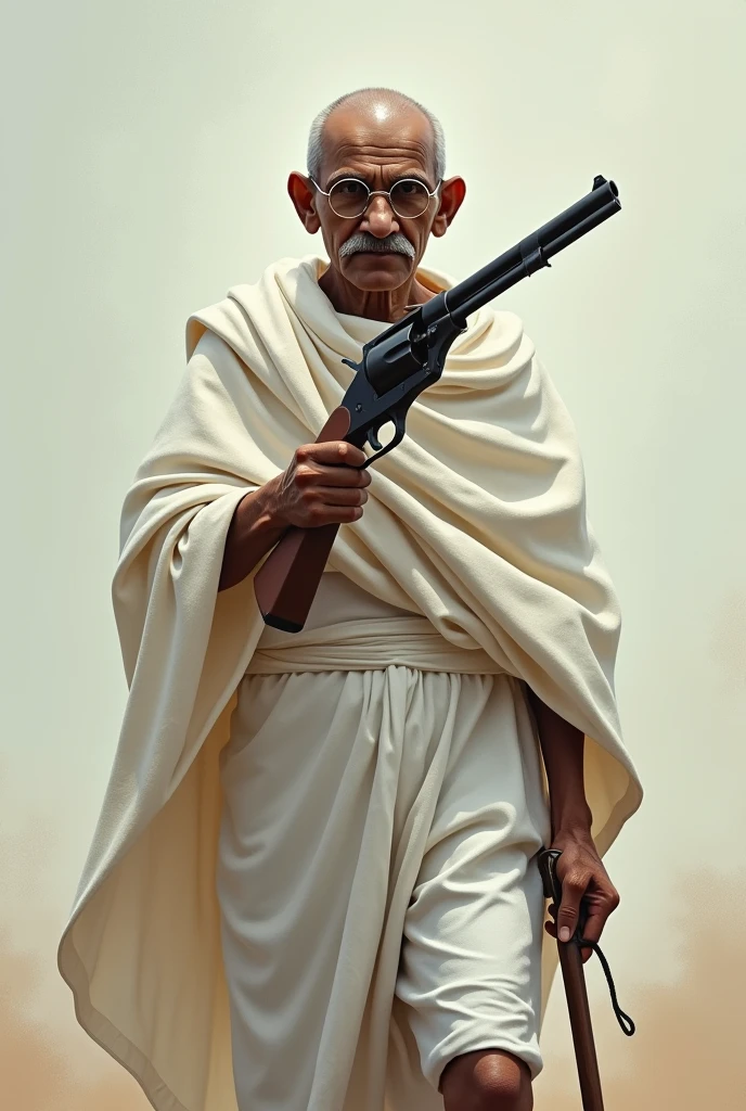 Mahatma Gandhi holding a gun point in front
