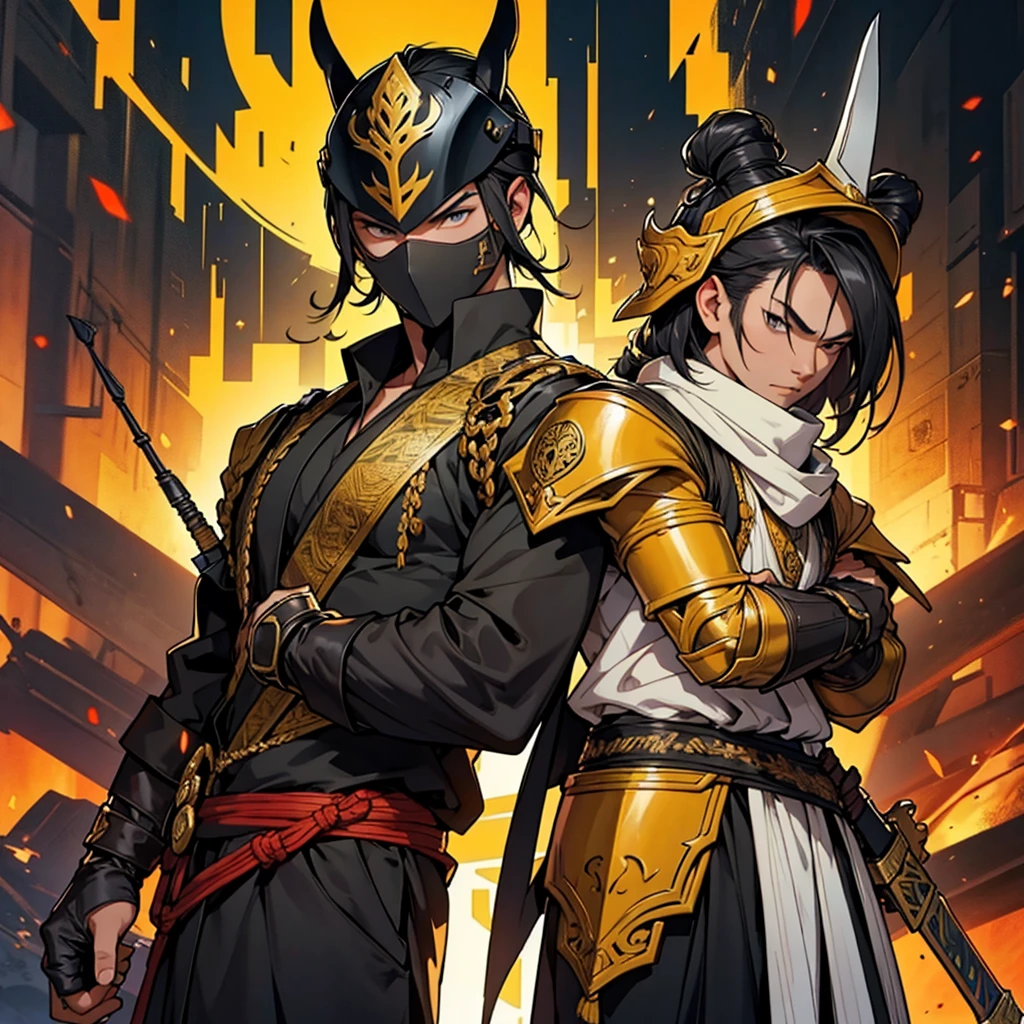 Thai male character ,Thai Warrior Costume, Ready for battle, Inspiration from the Black Organization,Holding a weapon and wearing a Thai war helmet,Wear Thai armor for a discount,Have leadership,Yellow tones