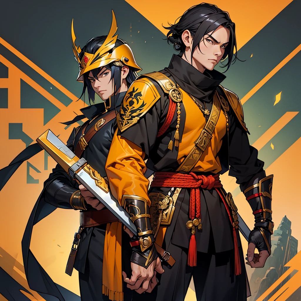 Thai male character ,Thai Warrior Costume, Ready for battle, Inspiration from the Black Organization,Holding a weapon and wearing a Thai war helmet,Wear Thai armor for a discount,Have leadership,Yellow tones