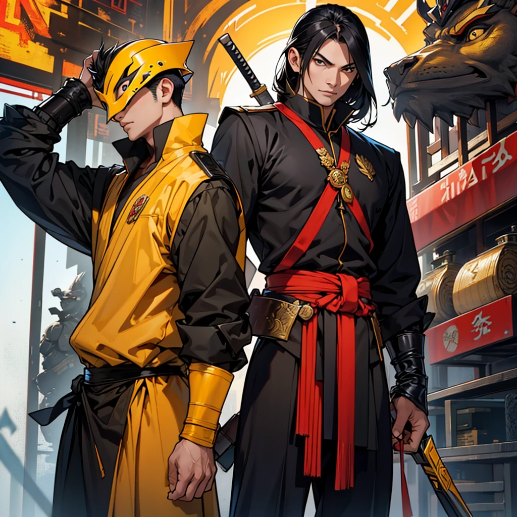 Thai male character ,Thai Warrior Costume, Ready for battle, Inspiration from the Black Organization,Holding a weapon and wearing a Thai war helmet,Wear Thai armor for a discount,Have leadership,Yellow tones