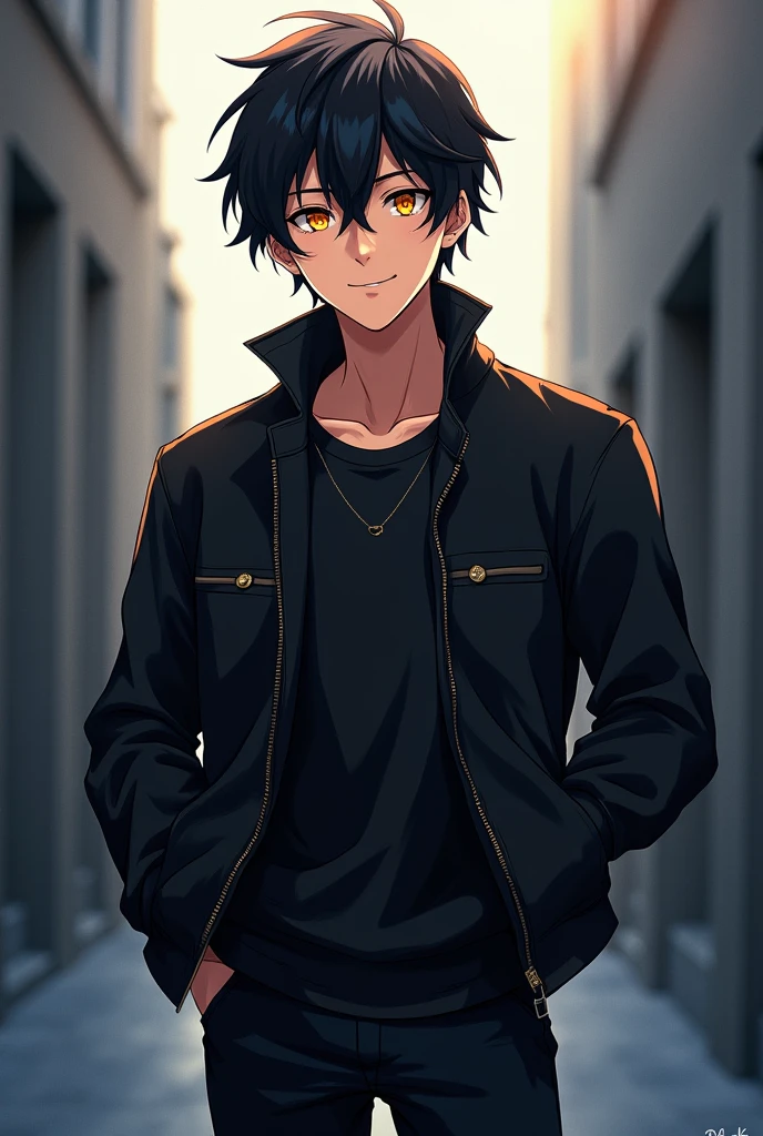 Anime boy with black hair, eyes the color of honey, with black jacket and pants, looking at the camera and smiling