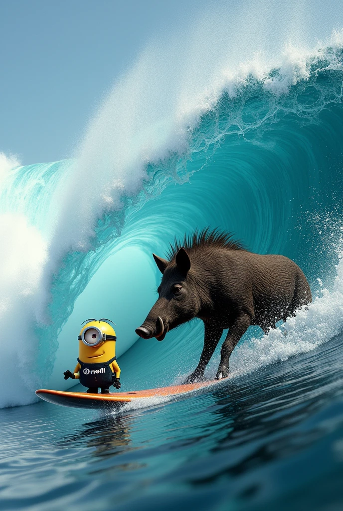 Une vague enorme ou surf un sanglier avec une vrai planche de surf  et un minion qui surf sur la meme vague a côté avec une vrai planche de surf différente de celle du sangliers ( il ont tous les deux leur planche personnel) le minion porte une combinaison de surf integrale 
noire  adaptés oû l'on voit distinctement marqué sur le torse de sa combinaison  : O'NEILL