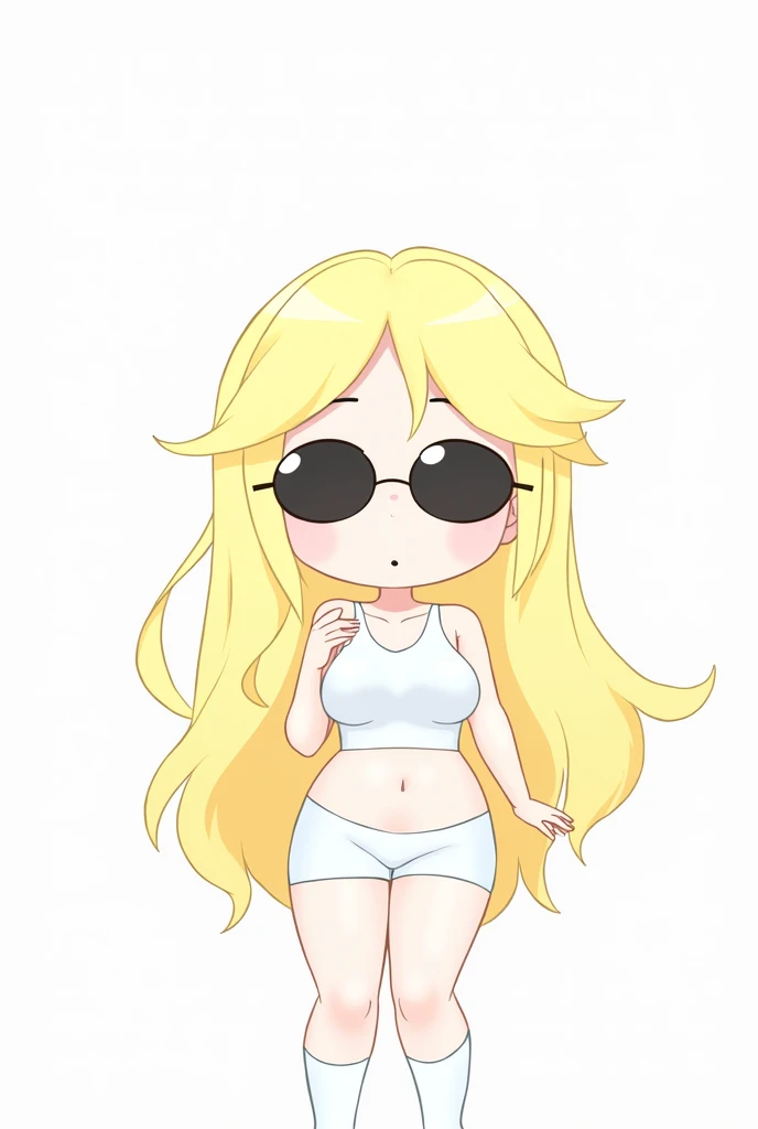 1,52 tall, white, blonde, with oval glasses. Wide hips, thick thighs, medium breasts, blanco crop top, short shorts and short socks. On a pole dance pole with an elegant and dark background