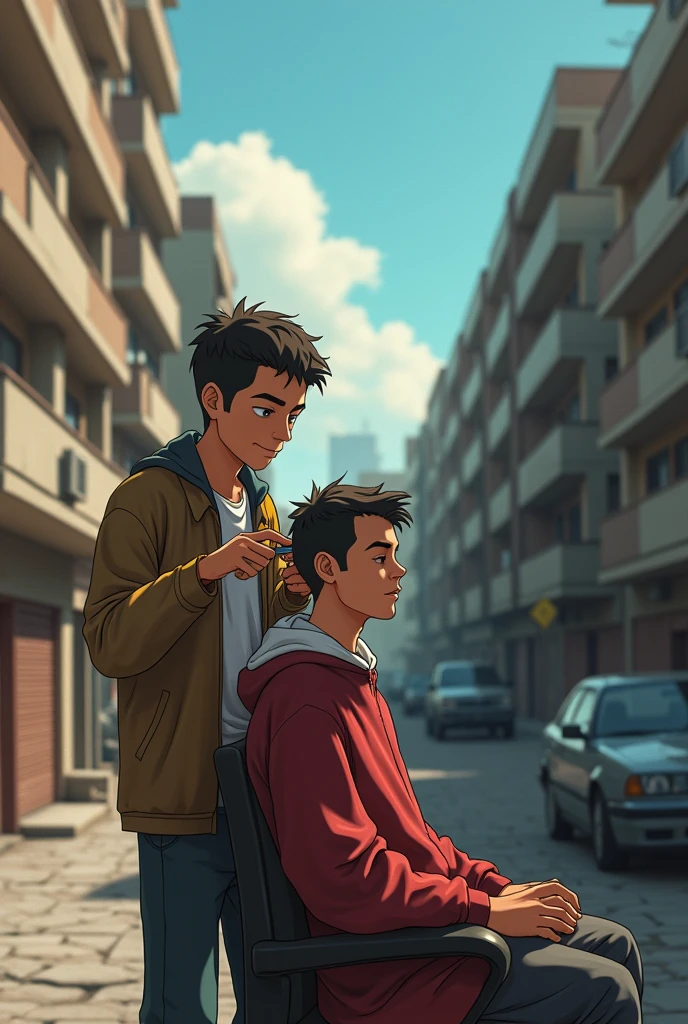 An animated picture where a person outside in a ghetto in a high-rise housing estate cuts the hair of another person and on the picture should be clearly written Sifir cutz by kabula