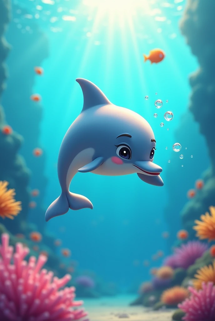 In a vibrant underwater world, a playful dolphin swims gracefully through the crystal-clear blue waters. Its sleek gray body shines as sunlight filters through the ocean's surface, casting a shimmering glow. With a mischievous flick of its tail, the dolphin playfully splashes water, creating sparkling droplets that catch the light. The surrounding coral reefs and colorful fish add to the spectacle, creating a scene brimming with joy and wonder. This delightful visual narrative captures the essence of a lively and adorable dolphin, bringing smiles to all who encounter it.