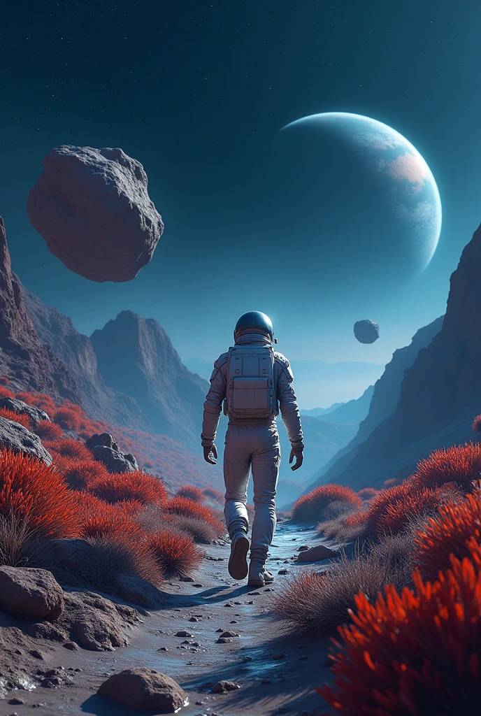 A handheld shot from the side of a man wearing a futuristic spacesuit walking on a valley on a distant planet filled with alien plants with hills on left and right side of the scene. Floating rocks scattered around levitating above ground. It's night time and the sky is pitch black full of stars and planets. Inspired from IMAX FILMS. Realistic, hyperrealism, high resolution, extreme quality, volumetric lighting, high resolution, 4k hdr