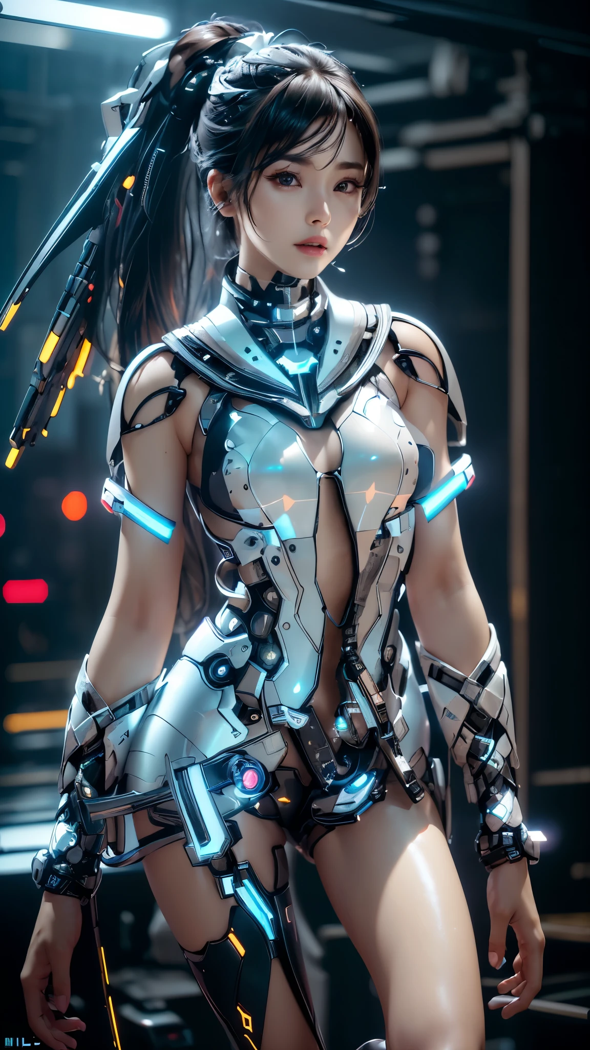 ((best quality)), ((masterpiece)), (detailed), perfect face. real live photo of Stellar Blade, japanese girl with ponytail, futuristic white and black outfit with transparent student sailor design. cybernetic accessories. black background, 8k portrait render, 8 k character details unreal 6 breathtaking detailed ( ( unreal engine ) ), unreal engine 5, masterpice. award winning cinematography. soft focus. highly detailed, intricate details. highly detailed character, photorealistic. unreal engine 5 render.