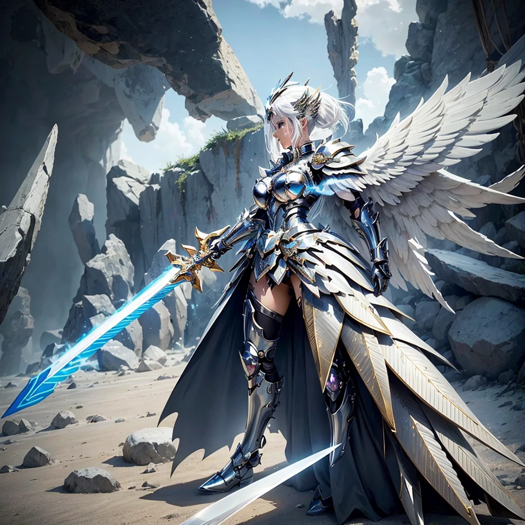 a woman with white hair and wings holding a sword, girl angel knight, mechanized valkyrie girl, Anime goddess, as a mystic valkyrie, girl in armor, angel in plastic armor, angelic golden armor, angle of armor with wing, mystic valkyrie, holy armor, beautiful cyborg angel girl, girl of the zodiac knights, beautiful female paladin, female anime character