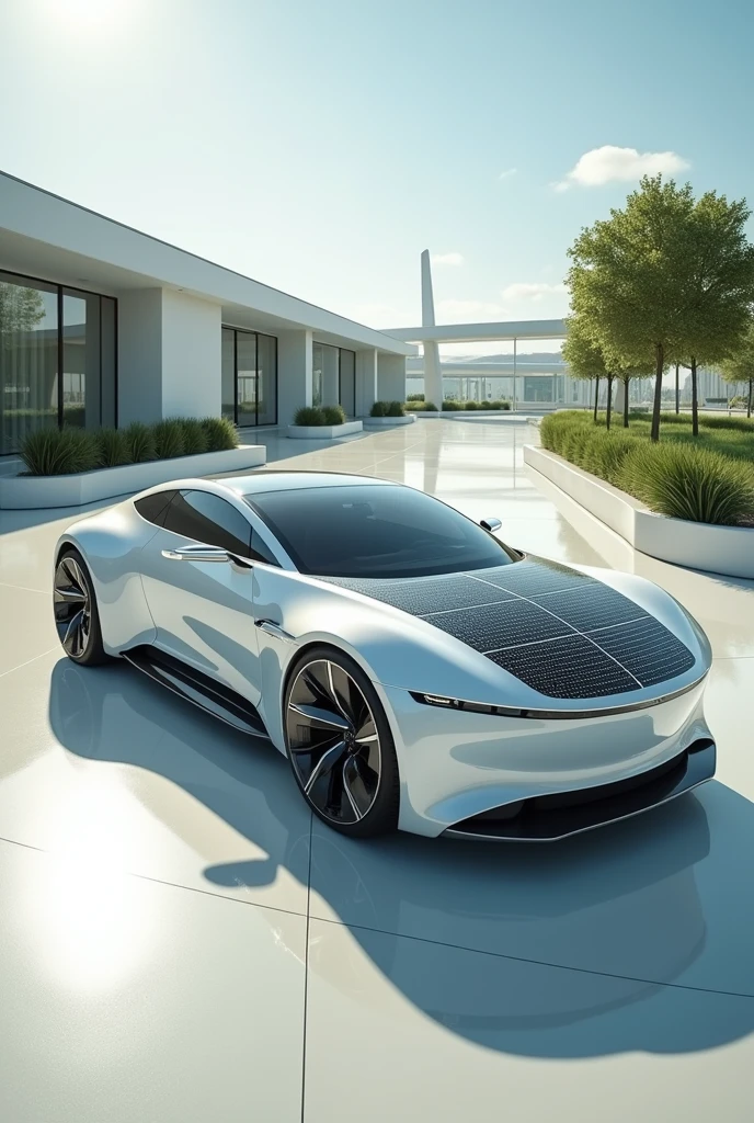 A white car with solar cells on top.