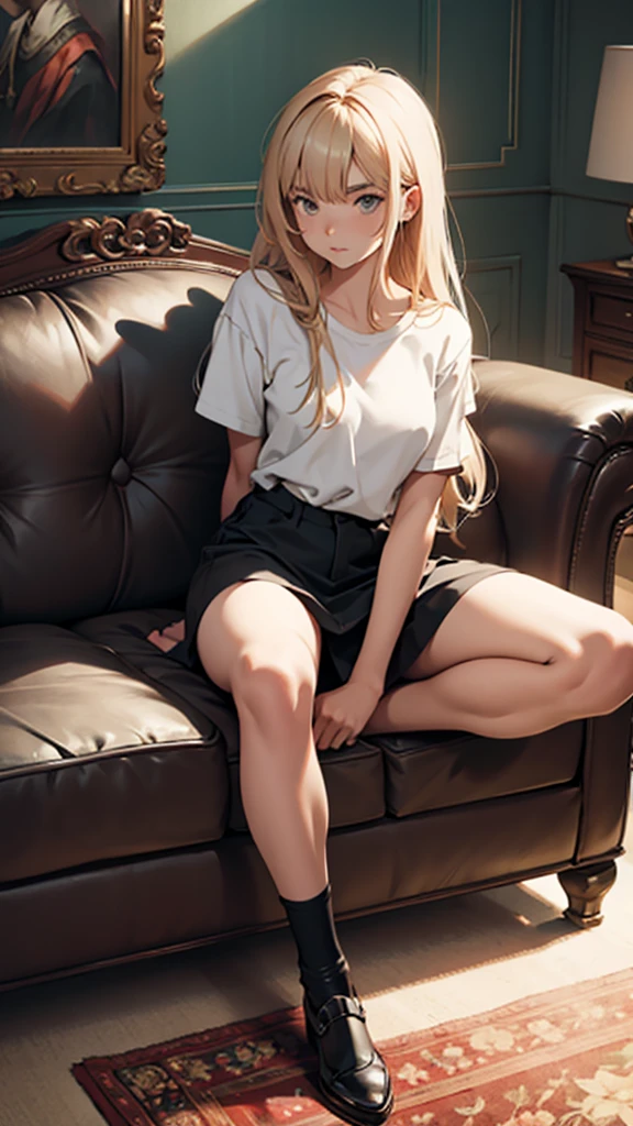 full body of a girl, sitting on a couch