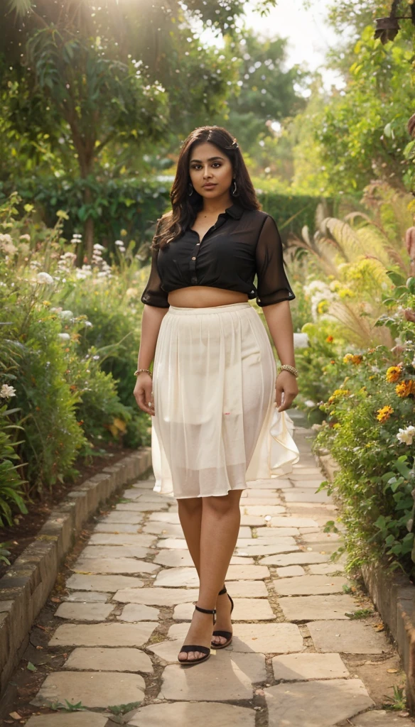 Day scene, A radiant, full-figured South Indian 35 year old aunty a cream colour chiffon mini skirt and black chiffon shirt, standing, in a garden captured in a full-body image with vibrant hues and meticulous details. Full body image