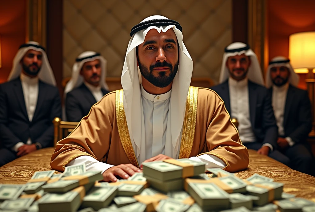 a Muslim sheikh is in a luxury hotel dressed luxuriously, in Dubai, the bed is full of dollars, other people are with them, full of money, very luxurious