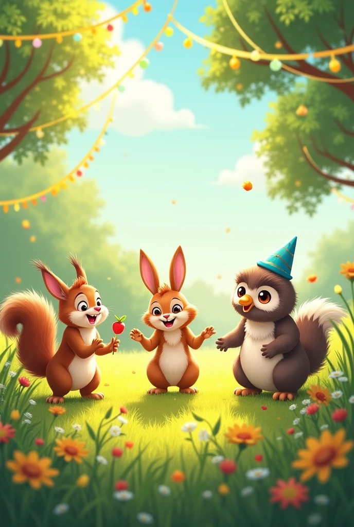 A festive scene in the clean and bright meadow, with friends squirrel, rabbit and owl. u v