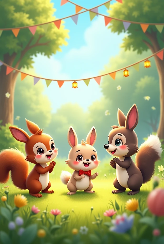 A festive scene in the clean and bright meadow, with friends squirrel, rabbit and owl. u v