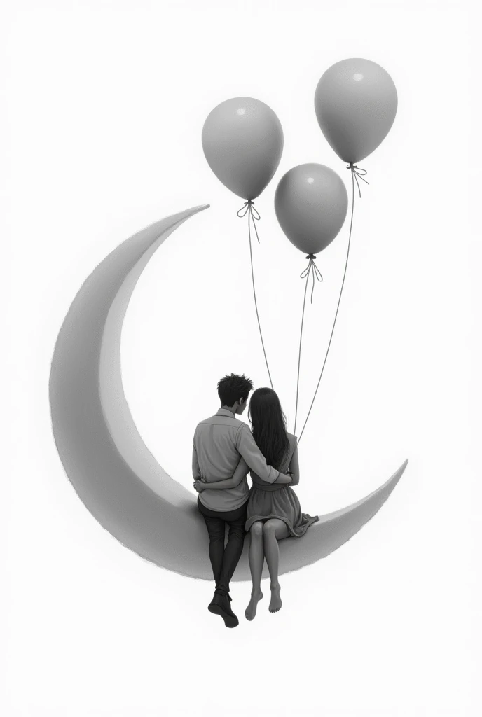 drawing of a couple in love with their backs turned , sitting on a crescent moon charged by helium balloons, with a background in which white dominates , and the tones of the couple are in a gray scale, The couple is embracing and the moon is tied and held by balloon ties with Elio