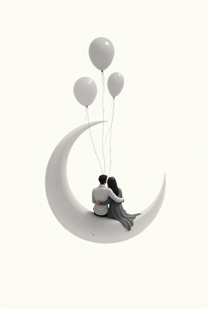 drawing of a couple in love with their backs turned , sitting on a crescent moon charged by helium balloons, with a background in which white dominates , and the tones of the couple are in a gray scale, The couple is embracing and the moon is tied and held by balloon ties with Elio