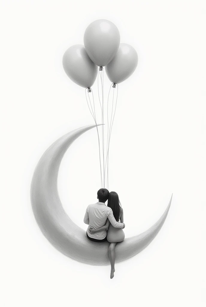 drawing of a couple in love with their backs turned , sitting on a crescent moon charged by helium balloons, with a background in which white dominates , and the tones of the couple are in a gray scale, The couple is embracing and the moon is tied and held by balloon ties with Elio