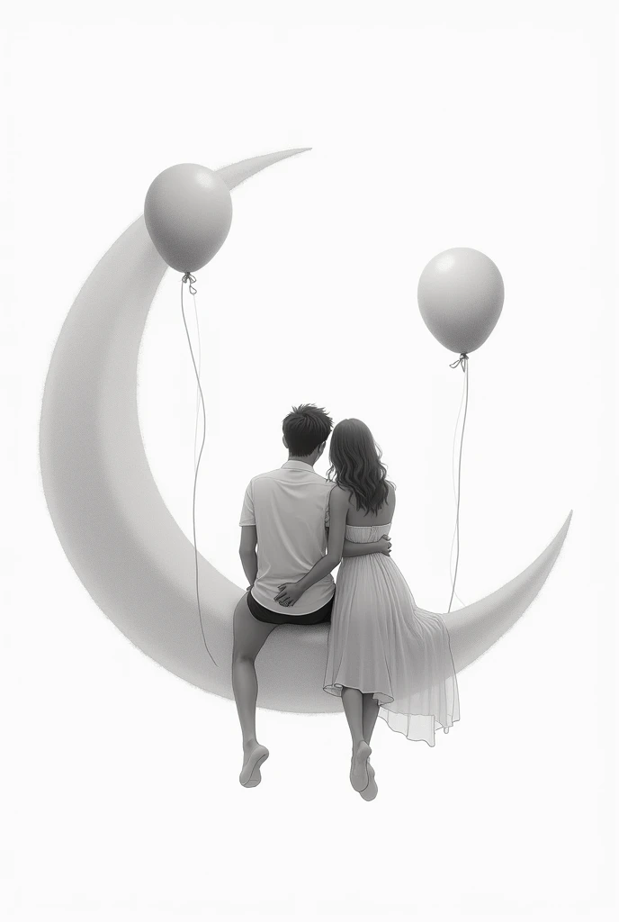 drawing of a couple in love with their backs turned , sitting on a crescent moon charged by helium balloons, with a background in which white dominates , and the tones of the couple are in a gray scale, The couple is embracing and the moon is tied and held by balloon ties with Elio 